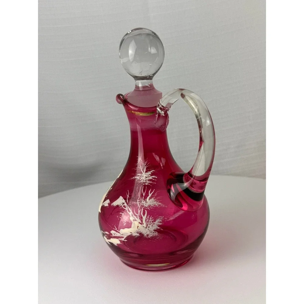 Vintage Mary Gregory Style Cranberry Glass Decanter Pink Enamel Girl 7.5in Good